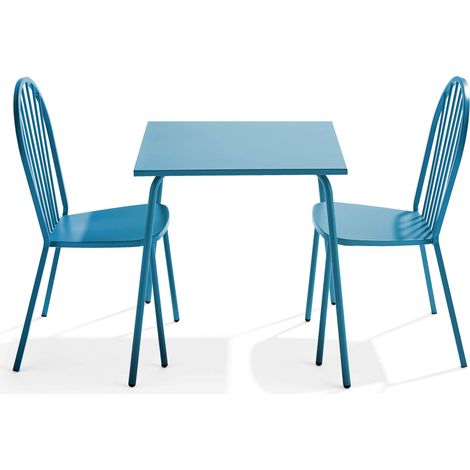 Ensemble table de jardin bistrot et 2 chaises en acier bleu pacific - Palavas