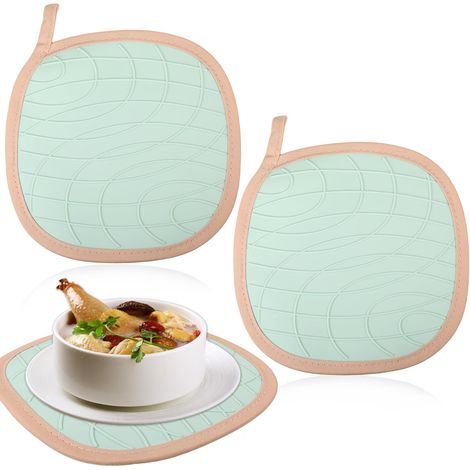Lntyq Gant De Cuisine 2 PièCes AntidéRapant en Silicone 260℃ RéSistant à La Chaleur sous-Verre De Casserole Vert Gant De Protection en Coton avec Poches De PréHension pour La Cuisson Accessoires (1/5)
