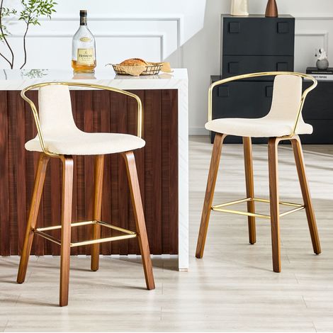 Lot de 2 tabourets de bar blancs avec accoudoirs, pieds en bois et repose-pieds (1/5)