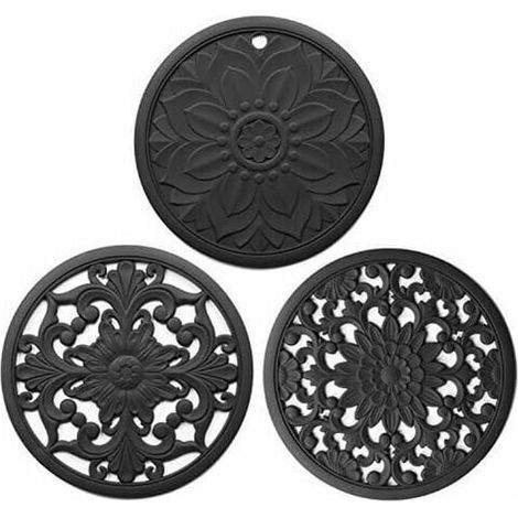 Set of 3 silicone trivets, 3 finely shaped multi-purpose trivets for hot food, kitchen mats, placemats, soft, durable and non-slip trivets (black) (1/5)