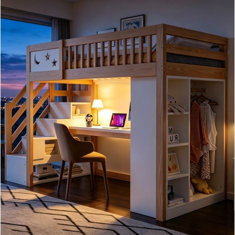 Cama alta 90x200 cm de madera blanca/natural con escritorio, sin colchón – MEUBLIV (1/5)