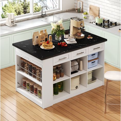 Isola cucina 150x90x90 cm con tavolo allungabile 80x96 cm, contenitore integrato, MDF effetto marmo bianco (1/5)