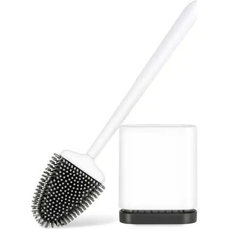 Brosse WC Silicone, Brosse de Toilette Silicone et Support, Balayette WC Suspendu Plate à Séchage Rapide avec Manche Long, Balai Toilette Salle de Bain, Autoportant/Mural, Blanc Mat (1/4)