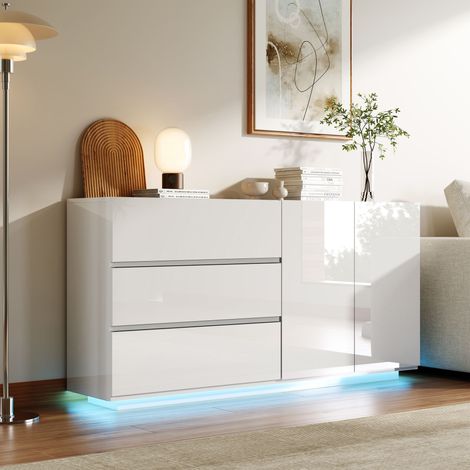 Bahut design blanc laqué avec LED - Commode 3 tiroirs et 2 porte - Meuble de rangement scandinave - pour Salon, Chambre ou Entrée (1/5)