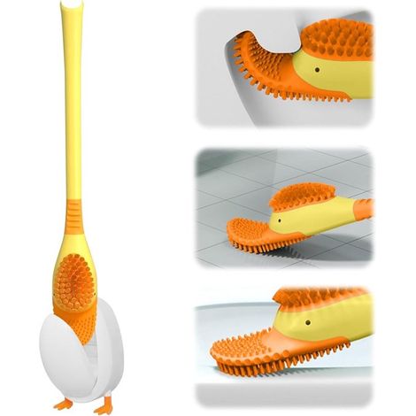 Canard plongeur - Brosse WC - Nettoyage en profondeur - Avec nettoyeur de jantes - En Siliconen - Avec support - Pour salle de bain ou WC invités - Jaune (1/5)