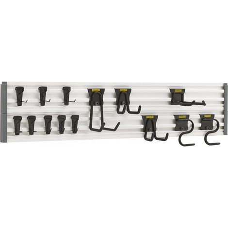 Stanley – Kit de rangement mural Trackwall 20 pièces – Système d'accroche rapide – Rails muraux 121 cm – Crochets pour outils inclus