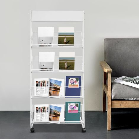 Prospekthalter, Zeitschriftenständer mit Rollen, 4 Schicht Prospektständer, 63x36x148 cm, Stehend, Stahl, für Broschüren, Faltblätter und Zeitschriften (Weiß) (1/5)