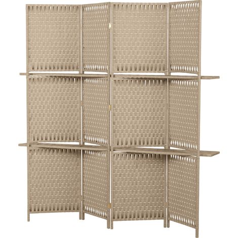 Séparateur de pièces 4 panneaux 2 étagères pliables paille naturelle