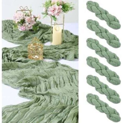 6-teiliges Tischläufer-Set aus salbeigrünem Chiffon, 90 x 300 cm, Boho-Tischläufer aus Gaze für Hochzeitstische