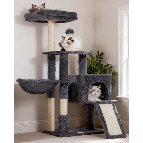 Arbre à Chat, Brosse de Nettoyage Automatique, Arbre à Chat Domestique Robuste avec Peluche Polie, Chaise Longue, Bac à Litière avec Panneaux et Griffoir, Gris Foncé HCT005SG (1/5)