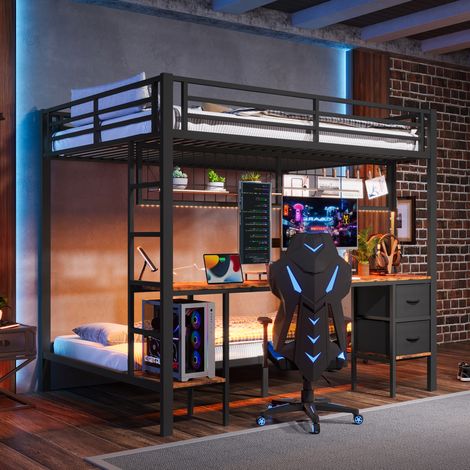 MEUBLIV Lit mezzanine 140x200 cm noir – avec bureau et LED, sans matelas (1/5)