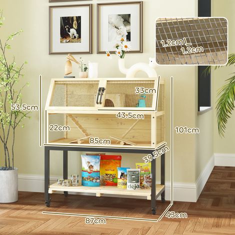 Cage à hamster nain bois naturel 87x43x101cm plateau bouteille d’eau cabane bascule roulettes rampes, habitat enrichi confortable pour rongeurs (1/5)