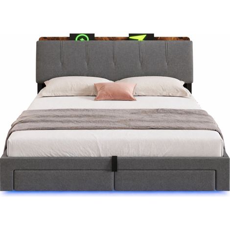 Lit coffre 180x200 cm en tissu gris, avec rangement hydraulique, LED, ports USB et Type-C, tête de lit rembourrée, sans matelas - CHICFURN (1/5)