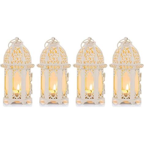 Juego de 4 faroles de té estilo marroquí，aptos para uso interior y exterior，perfectos para eventos，blancos con paneles de vidrio transparente