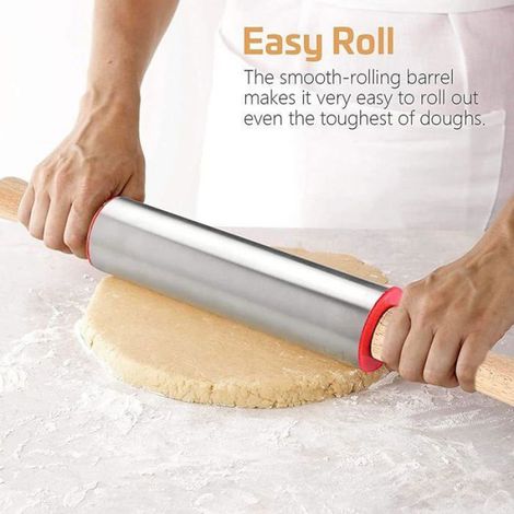Rouleau à pâtisserie avec poignée, kit boulangerie en acier inoxydable, bleu et bois pour étaler la pâte à tarte, pain et pâtisseries (1/5)