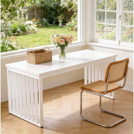 Scrivania da ufficio per 2 persone, piano ampio, design industriale, metallo e legno bianco (1/5)