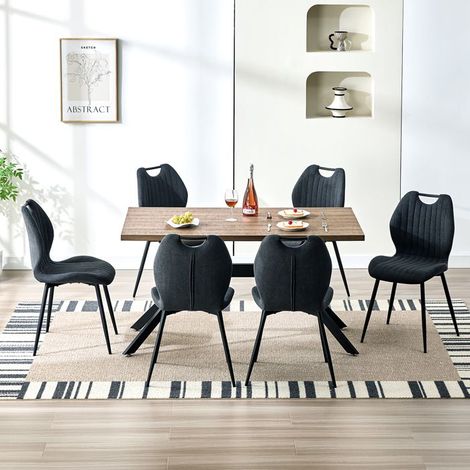 Ensemble table à manger - WAFTING - Ensemble 6 places 140x80x73 cm - 6 chaises tissu - Bois foncé & gris (1/5)