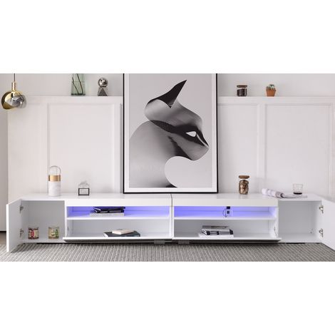 Meuble TV moderne blanc, éclairage LED variable, MDF, 240 x 39 x 35 cm (panneau brillant, pas brillant) (1/5)