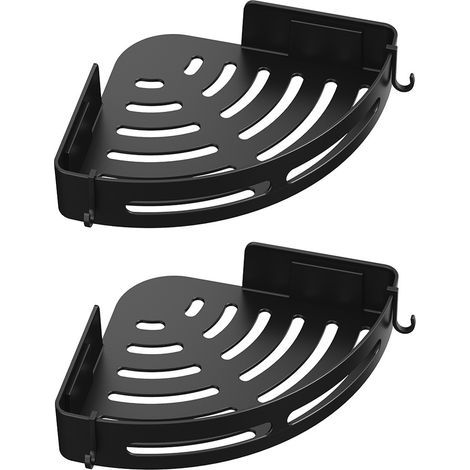 Estante esquinero para ducha, no requiere perforación, de metal con 2 ganchos para ducha, inoxidable, autoadhesivo, para artículos de baño, 2 piezas (negro) (1/5)