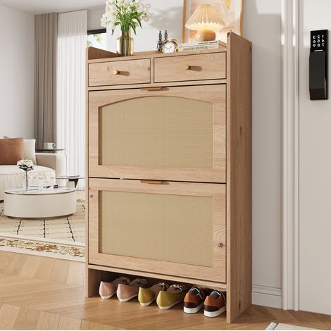 Zapatero con 2 Compartimentos Abatibles, 2 Cajones y Puertas Efecto Ratán, Tablero de Partículas Natural, 65 × 25 × 106 cm (1/5)