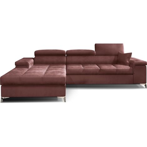 Canapé d'angle convertible velours appuis-tête réglables RIKARO - Coffre et pieds acier chromé-Vieux rose-angle gauche (1/5)