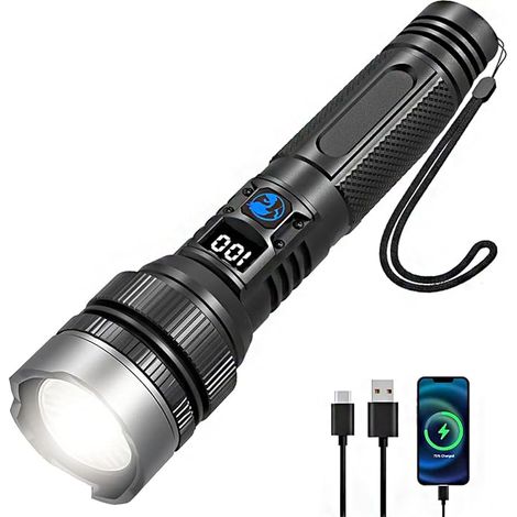 Wiederaufladbare LED-Taschenlampe, extrem leistungsstarke LED-Taschenlampe, wasserdicht, 3 Leuchtmodi, zoombar mit LCD-Leistungsanzeige, ideal für Camping, Wandern und Notfälle (1/5)