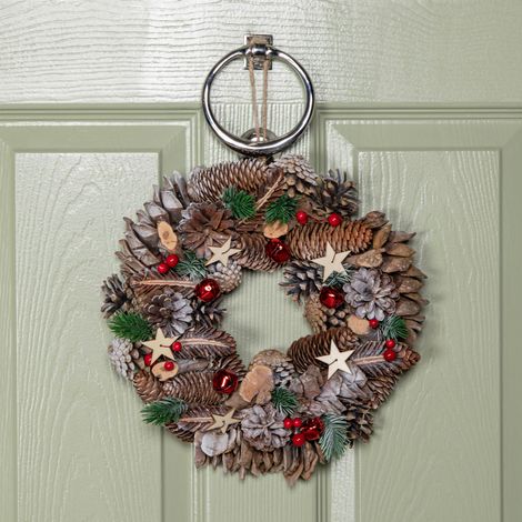 30cm Hanging Christmas Wreath with Red Jingle Bells, Berries and Frosted Stars (1/5)