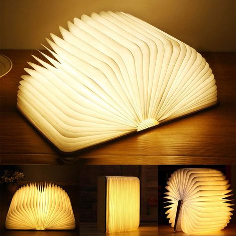 Lampe Livre LED Bois, Veilleuse, Rechargeable USB, Déco, Bibliothèque, Chambre, Bureau, Pliante, Magique (1/5)