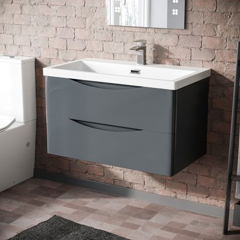 Merton  Modern 800mm MDF Grey Wall Hung Drawer & Resin White Basin Sink Vanity (1/5)
