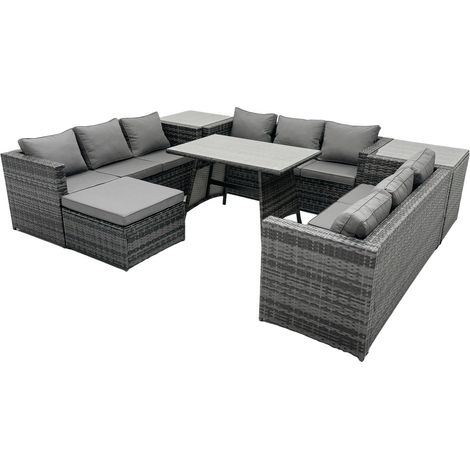 Fimous 10-Sitzer Polyrattan Sofa Set Gartenmöbel Patio Esstisch Dunkelgrau Gemischt (1/5)