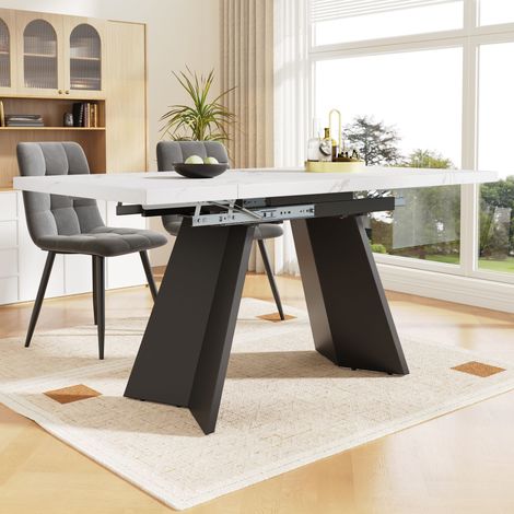 Table de Salle à Manger Extensible avec Plateau Coulissant, en MDF et Métal, Blanc et Noir, 99-159 x 74 x 77 cm
