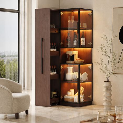 Vitrina alta con LED multicolor, cristal templado y estantes extraíbles, 70 x 38 x 160 cm, acabado madera oscura con almacenamiento para salón o comedor – CHICFURN (1/5)
