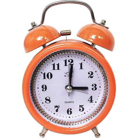 Retro-Wecker mit zwei Glocken, 8 cm, geräuschlos, analog, mit Hintergrundbeleuchtung, batteriebetrieben – Orange, 12 x 8 x 5 cm