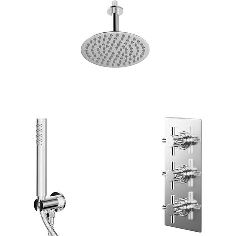 Cross Polished Chrome Concealed Triple Thermostatic Shower Valve and 200mm Round Head with 150mm Ceiling Arm and Outlet Holder with Kit - 2 Outlet (1/5)