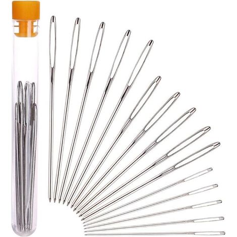 Aiguilles à coudre à gros chas - Lot de 15 - Pour laine ou fil - Grandes aiguilles à coudre et à broder en acier inoxydable à bout rond avec tube de rangement - Broderie et tricot (1/5)