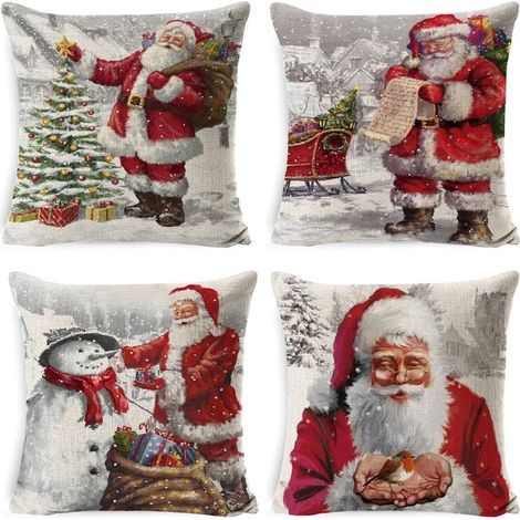 4pcs Taie d'oreiller de Noël Lin de Coton Housses de Coussin Dessin Animé Mignon Décoration de Noël d'oreiller 45x45cm pour Les Voitures Les Canapés (1/5)