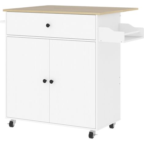 Îlot de cuisine sur roulettes blanc en MDF avec plateau rabattable, tiroir et armoire (1/5)
