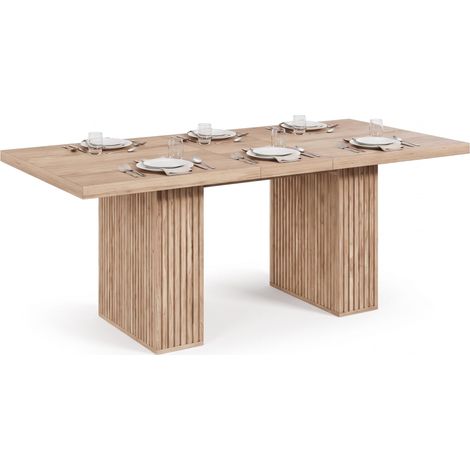 FurnitureR Table à manger extensible 150 à 190 cm, 6 à 8 personnes, plateau MDF effet chêne clair 3 cm, pieds cannelés, 2 rangements (1/4)