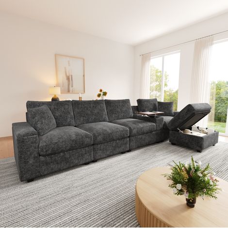 Sofá modular rinconera 313/147/82 cm gris de chenilla con otomana arcón, mesa giratoria 360° y USB/Type-C (1/5)
