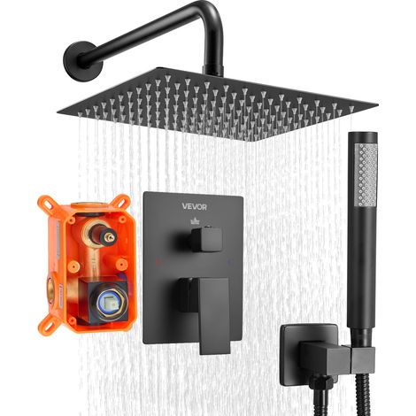 VEVOR Set Doccia, Flessibile Sistema Doccia a Pioggia per Bagno con Soffione Quadrato da 25,4 cm e Doccetta, Accessori per Vasca da Parete con Valvola in Ottone e Kit di Finitura, Nero Opaco (1/5)