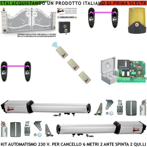 ApriCancello 6 Metri 2 Ante da 3,0 MT Kit Base 2 Motori Elettromeccanici 230 V Corsa 500 mm Spinta 2 Quintali Kit Staffe 3 Radiocomandi 2 Coppie Fotocellule Faro 2 Chiavi Sblocco Cartello Monitore (1/4)
