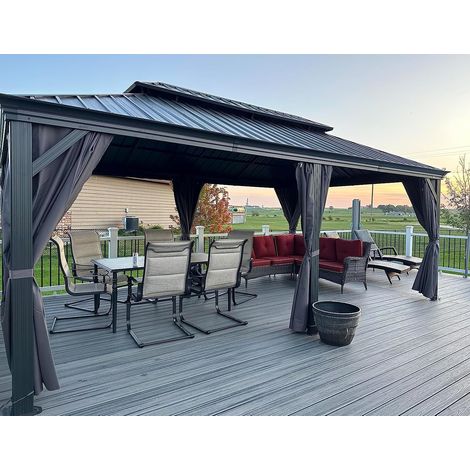PURPLE LEAF Tonnelle de Jardin Extérieur Pergola Aluminium avec Moustiquaire et Rideaux Pavillon de Jardin à Double Toit Acier Galvanisé, 6 x 3.65 m, Gris