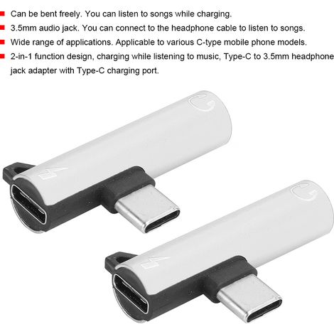 2 Pièces Adaptateur Double USB-C vers Jack 3.5mm pour Casque et Charge (Argent)