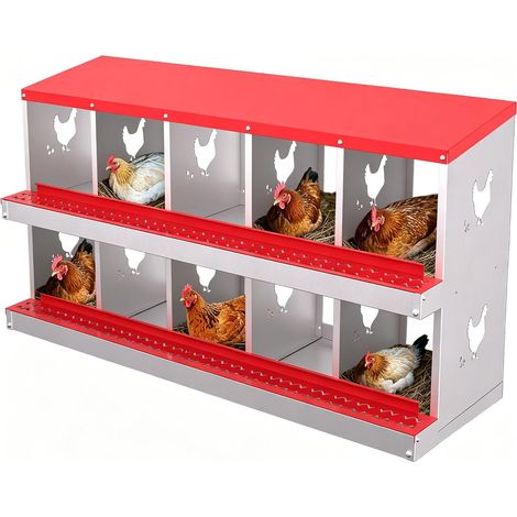 Pondoir Poules 10 Compartiments en Acier Galvanisé - avec Bac de Récupération des Œufs - 136 x 43 x 67 cm - Rouge (1/5)