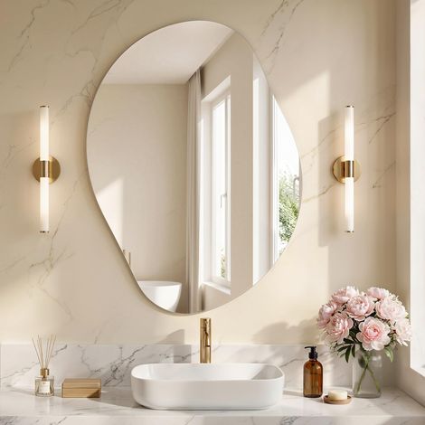 Miroir Mural Moderne, Miroir Irrégulier Asymétrique, en Forme de Pétale, 60 x 45 cm, Décoratif, sans Cadre, pour Entrée, Chambre, Salle de Bain (1/5)