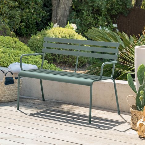Banc de jardin Greensboro vert olive en acier traité époxy - Hespéride (1/5)
