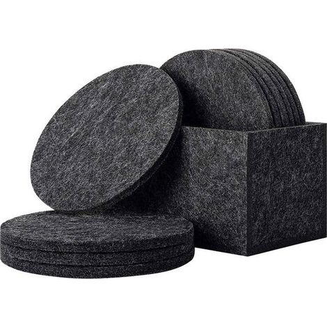 Posavasos redondos de fieltro - Juego premium de 10 piezas con caja, posavasos de vidrio gris para vasos, bebidas, tazas y jarras. (1/4)