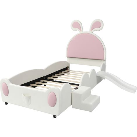 Lit enfant rembourré lapin avec toboggan et escalier, PU blanc et rose, 90 x 200 cm (1/5)