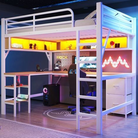 Lit mezzanine 2 places - SOGEU - Lit Mezzanine 140x200cm - Bureau intégré - Armoire & étagères - LED et port USB (1/5)