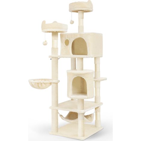 Vounot – Arbre à chat 168cm avec 3 plateformes, 2 niches, 6 griffoirs en sisal – Base large 55x45cm – Tissu doux et moelleux – Beige